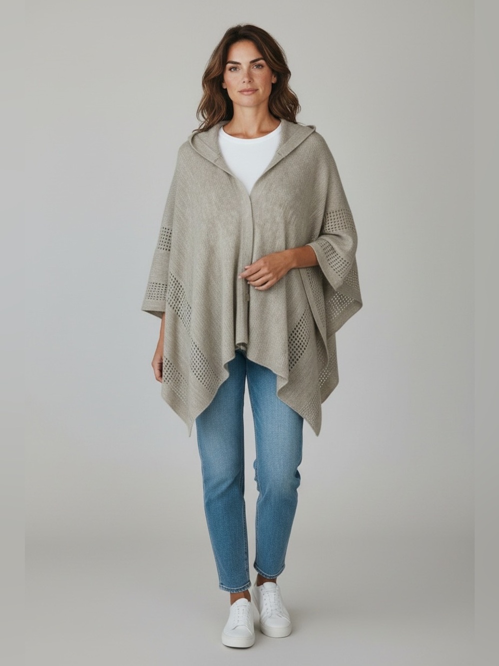 Calvin Klein Hooded Knit Open Front Poncho Wrap, Size O/S